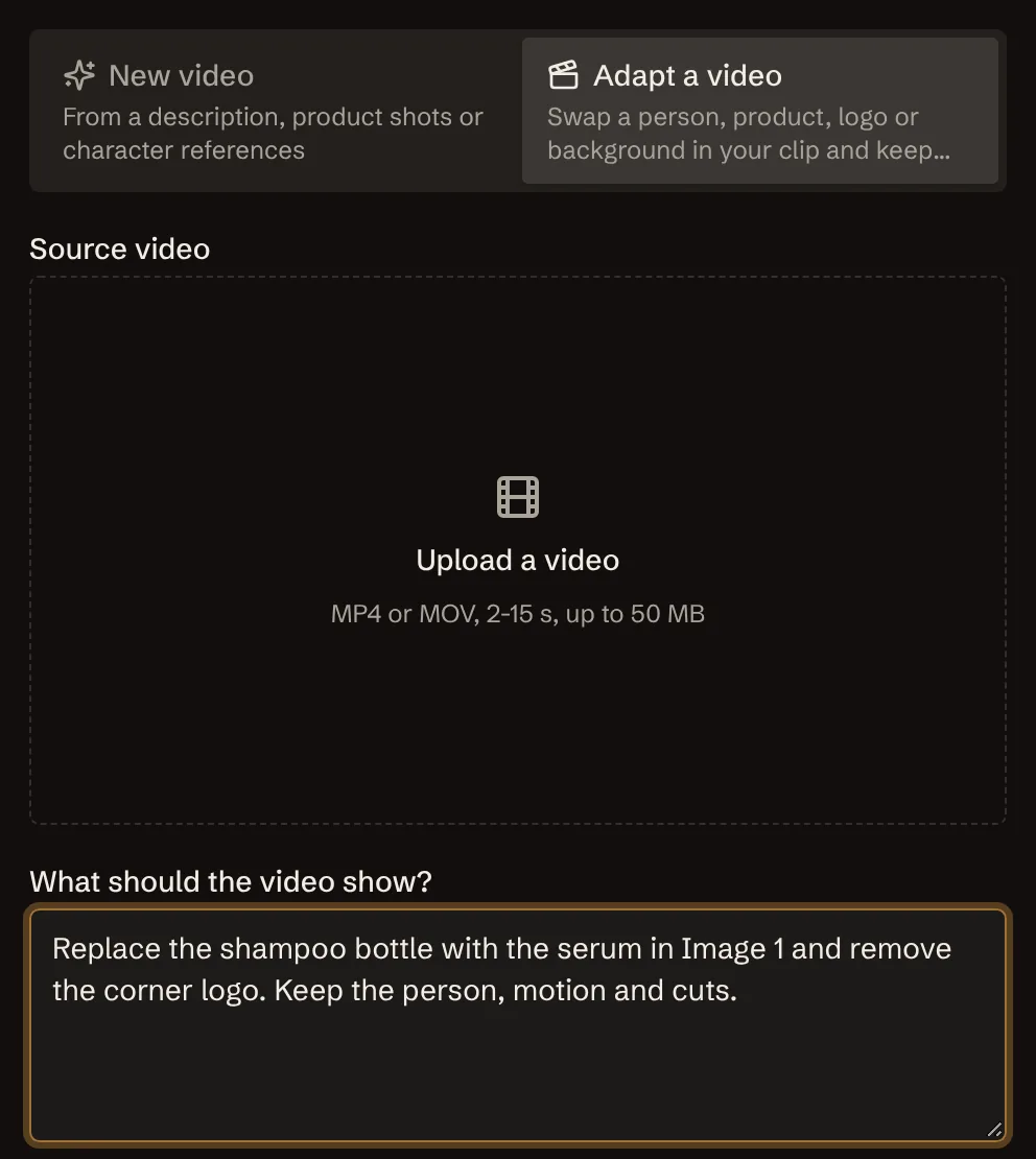 The Adapt a video form with a source clip upload and replacement images
