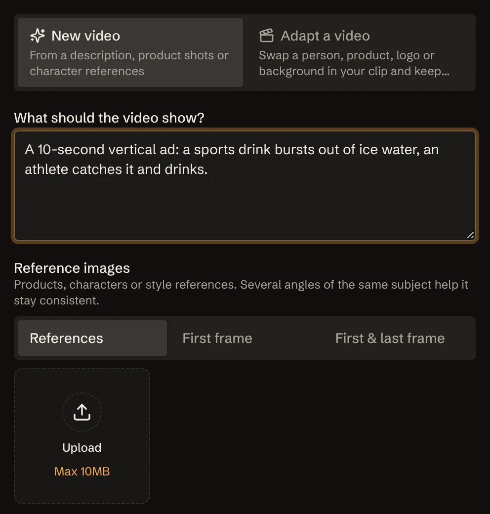 The New video form with a brief, reference images and clip settings
